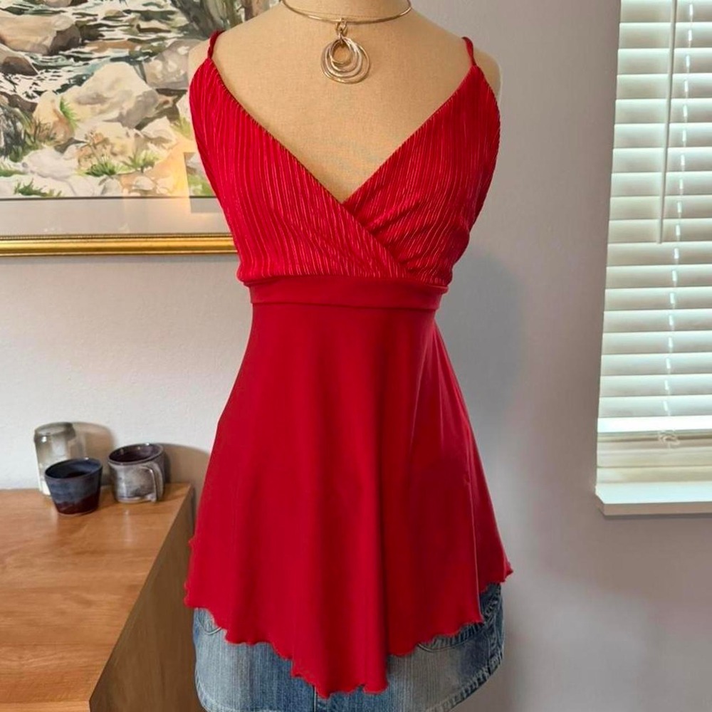 Studio F Red Y2K Tie Back Lettuce Hem Babydoll Top Women 1X Made in USA #4404